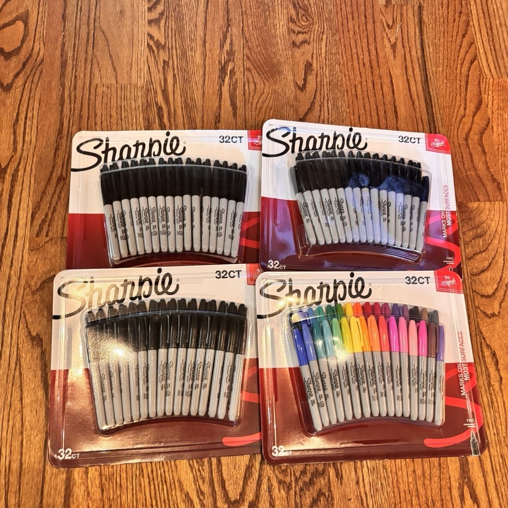 Sharpie Permanent Markers 32 Count Fine Point Black & Color Lot of 4 New Sealed